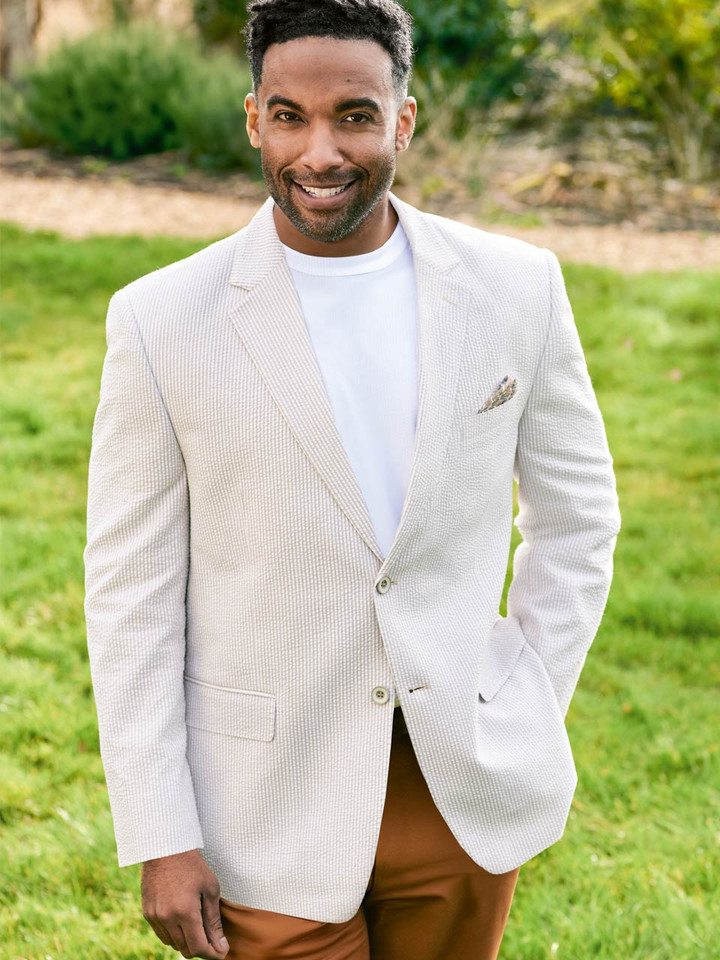 Men's Beige and White Striped Seersucker Jacket On Model