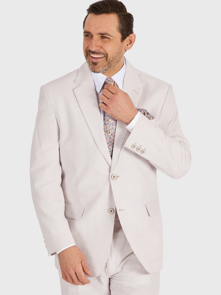 Men's Beige and White Striped Seersucker Jacket On Model
