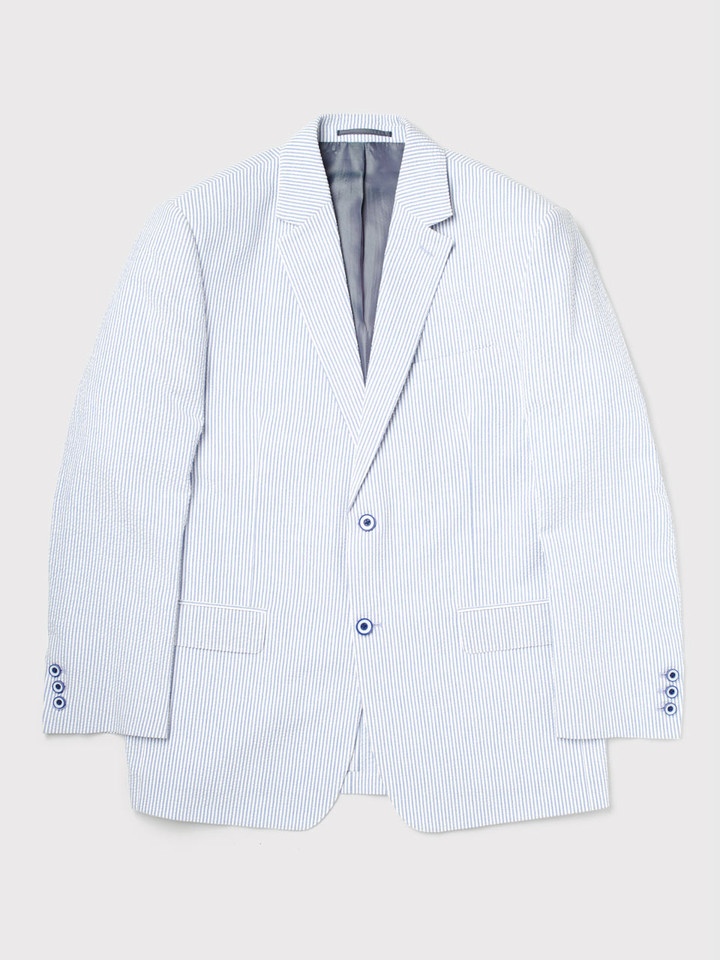 Men's Blue & White Striped Seersucker Jacket Front