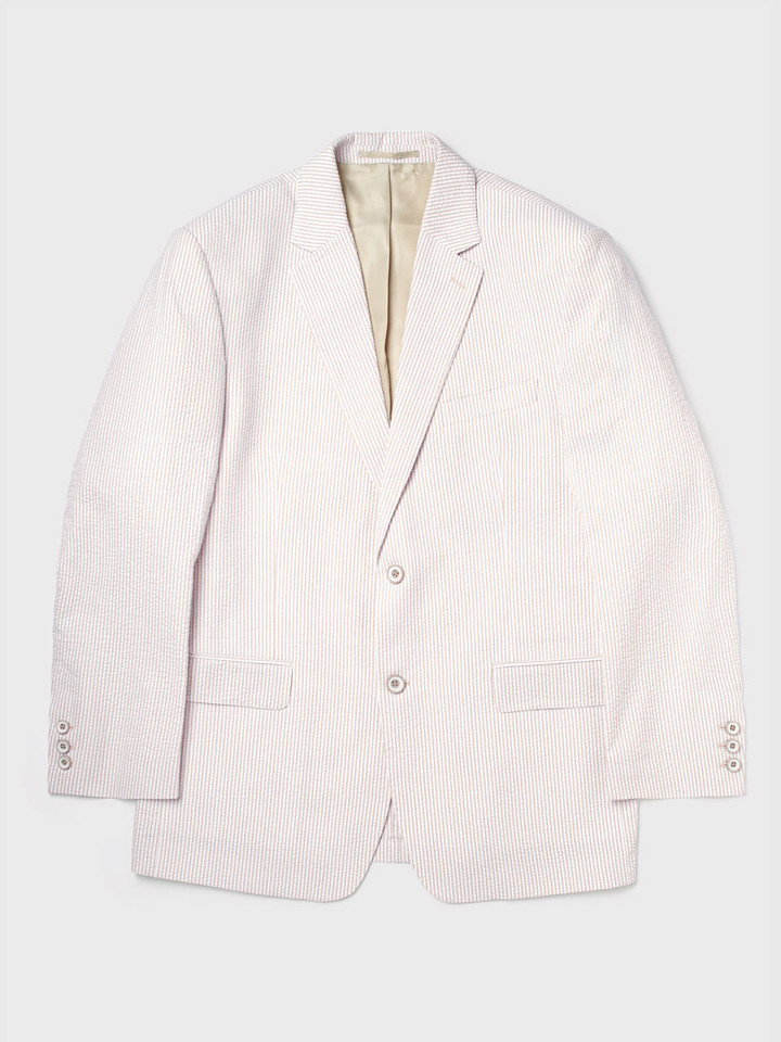 Beige and White Striped Seersucker Suit Front