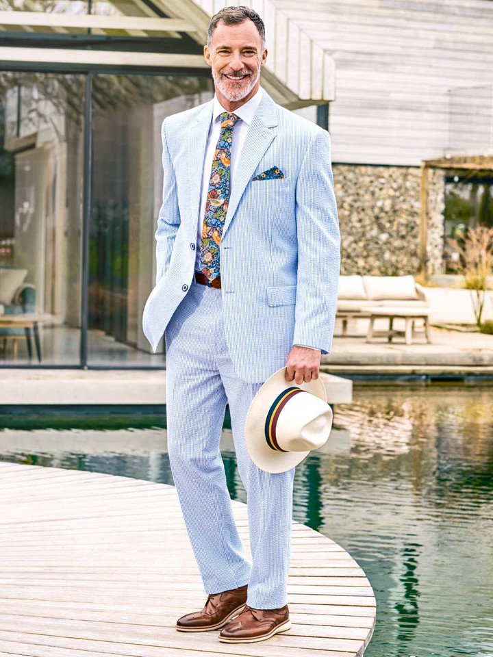 Men's Blue and White Striped Seersucker Suit On Model