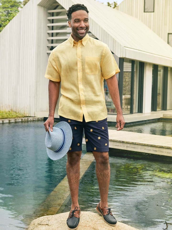 Sun Embroidered Navy Pleated Dress Shorts On Model