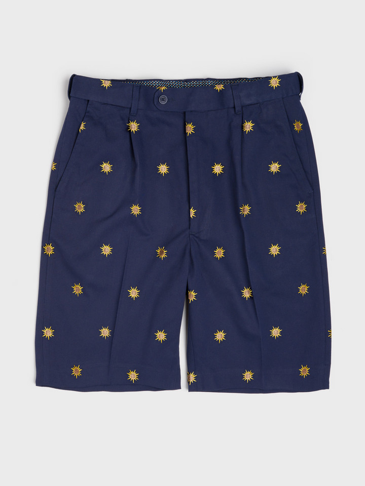Sun Embroidered Navy Pleated Dress Shorts
