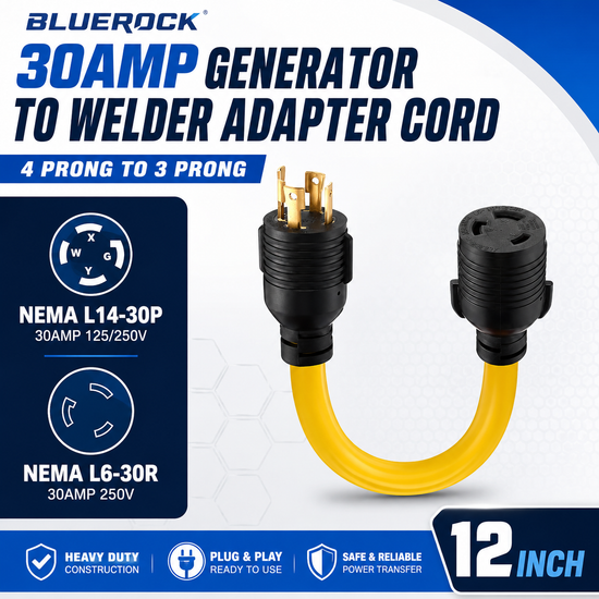 BLUEROCK 30 Amp Generator Adapter Cord L14-30P to L6-30R 240V 12" for 20Z1 & 25Z1 Core Drills