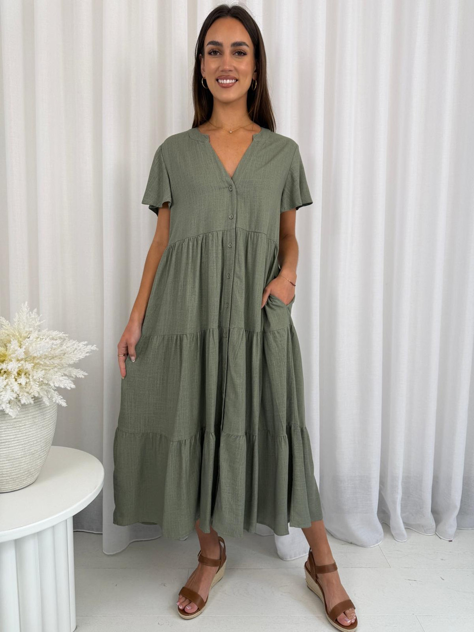 Annique Linen Blend Midi Dress - Khaki