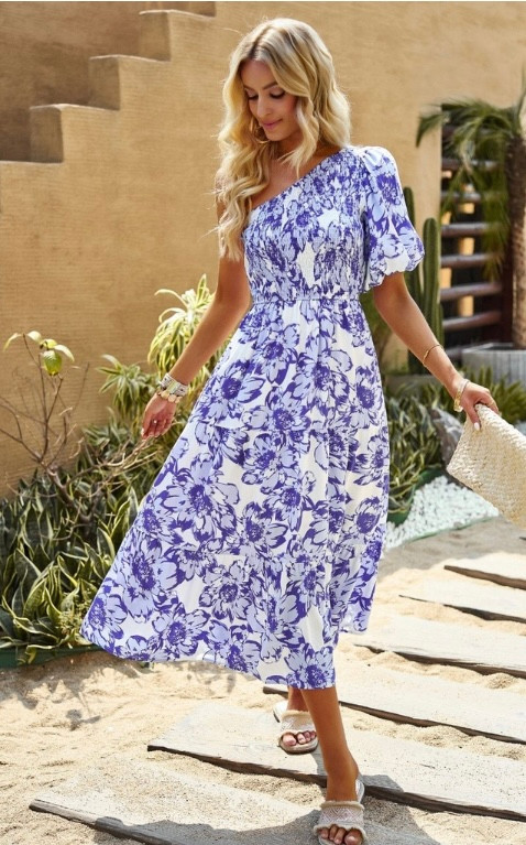 Kirsty One Shoulder Midi Dress- Blue