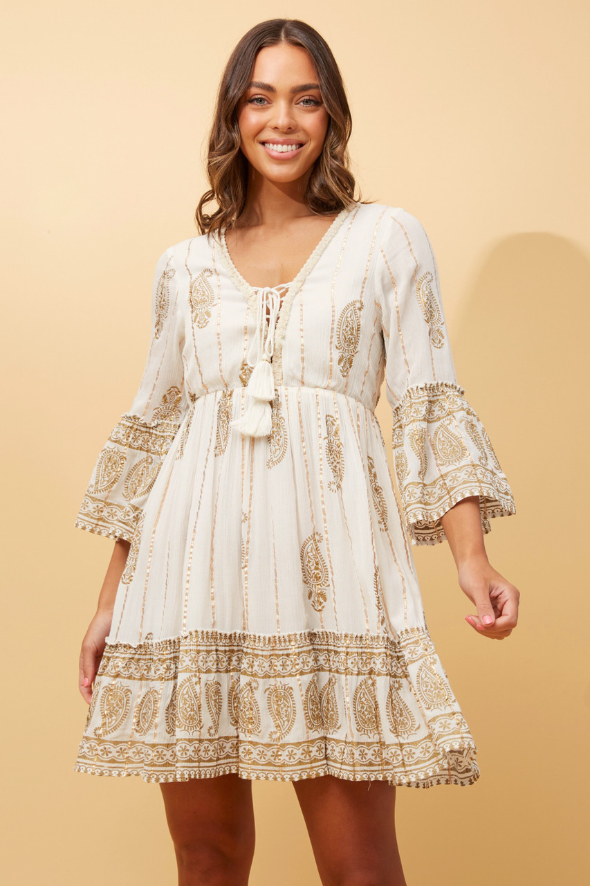 white and gold boho dress Heather, White & Gold Mixed Print Batwing Crepe Dress