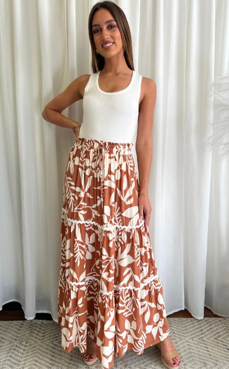 Beach Tan Flowy Skirt Womens Beige Floral Printed Long Skirt Beach