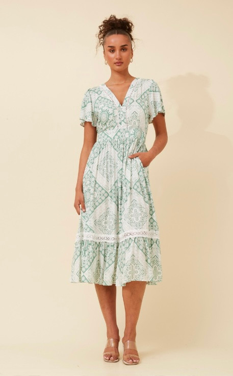Lana Midi Dress - White and Sage