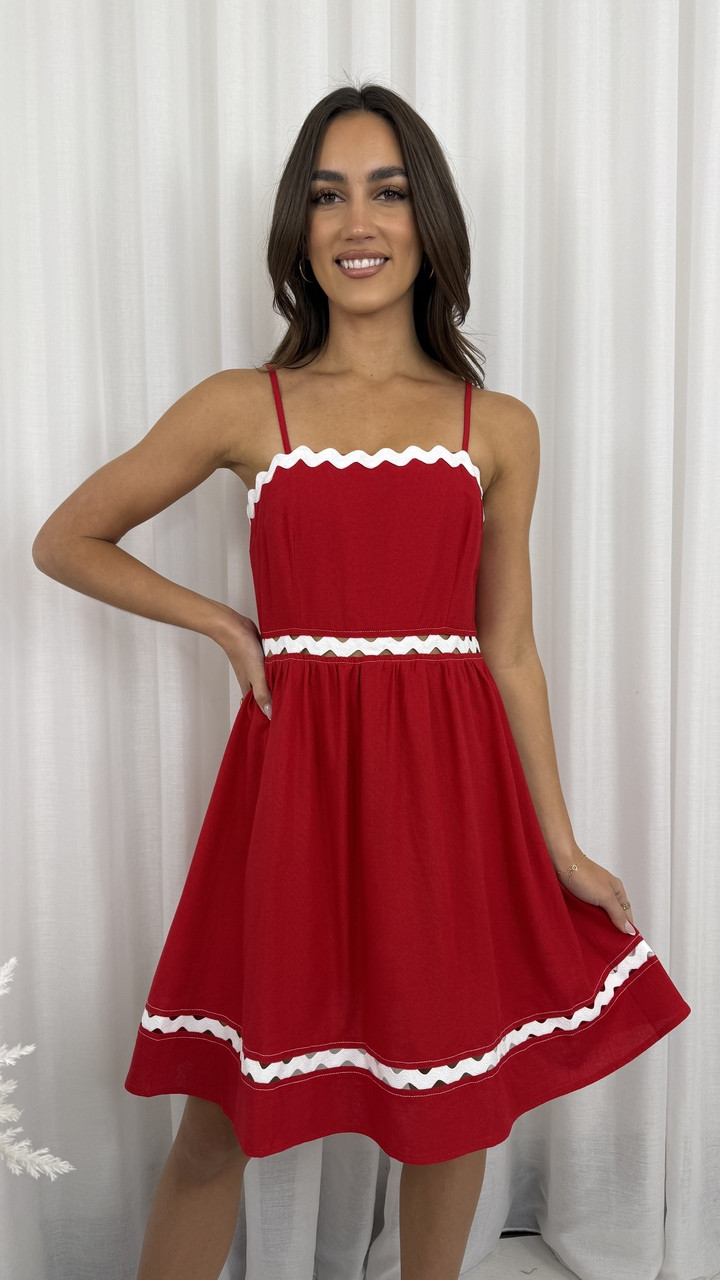 Elle Linen Blend Ric Rac Dress - Red