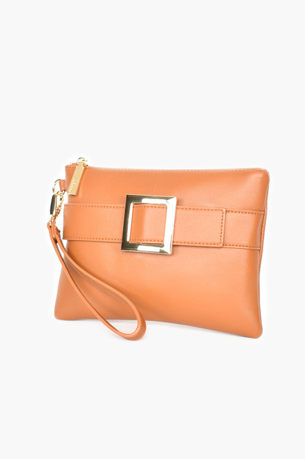 Buckle Front Zip Top Pouch in Tan/Gold - Suburban Closet