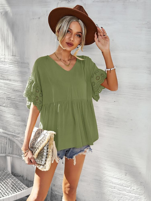 We are loving our pretty Liza Boho Top! This gorgeous cute top is perfect for any outing. The embroidered sleeves takes this style to the next level. This top looks great when paired with your fave denim and our Ibiza Strappy Slides.

This top features:

V neckline
Embroidered sleeves
Pleated details
Relaxed fit
Unlined
Colour: Khaki

Fabric: 100% Rayon

Size Guide: Relaxed fit.