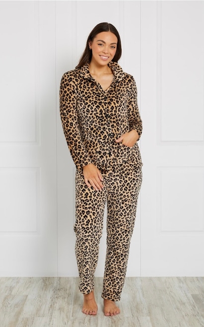You'll be feeling warm and cosy in our Leopard Print Plush Pyjama Set. Featuring two front pockets and an elasticised waist, these sets are so comfy and practical, you'll probably want to stay in them all day long!

Collared neck
Long sleeves
Functional front buttons
Front patch pockets
Elasticised waistband
Straight leg
Colour: Tan with Leopard Print

Size Guide: True to size. Stick to your usual size