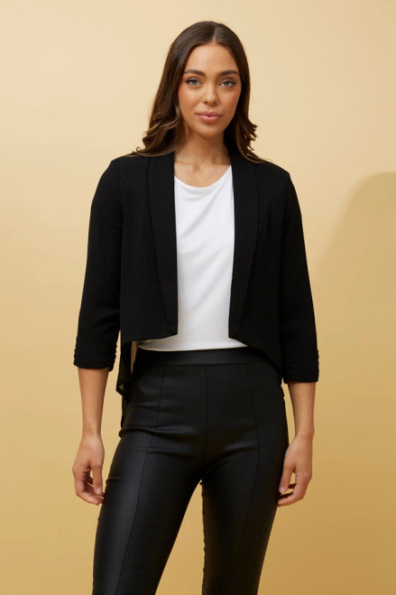 Our classic and timeless Oprah Crop Jacket can be easily layered over a formal dress making it a wardrobe staple that can be worn year round! This jacket adds an elegant touch and provides extra coverage while the sheer back still allows the formal dress to shine through. It is sure to add a layer of sophistication to your overall look while adding that extra warmth during the cooler months or nights.

This jacket features:

Open front
3/4 sleeves
Hi low curved hem
Cropped length at front
Shoulder pads 
Contrast panelling - sheer at back
Fabric: 100% Polyester

Size Guide: True to size. Model is wearing a size 8 and is 173cm tall.