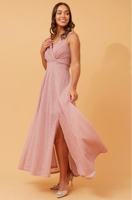 Flawless and flattering, our Amarilla Glitter Maxi Dress is perfect for every body shape! Featuring a gorgeous, pleated front and flowy maxi skirt with stunning, shimmering glitter detail throughout, you will love dancing the night away in this stunner! Pair with strappy nude heels and gold statement jewellery to create an effortless, stunning look.

This dress features:

V neckline
Pleated crossover front detail
Sleeveless
Invisible zip at centre back
Shimmering, glitter detail throughout
Side split
Maxi length
Lined to knee
Colour: Blush

Fabric: 100% Polyester

Size Guide: This dress is true to size, so purchase your usual size. Model is 173cm and wears a size 8.