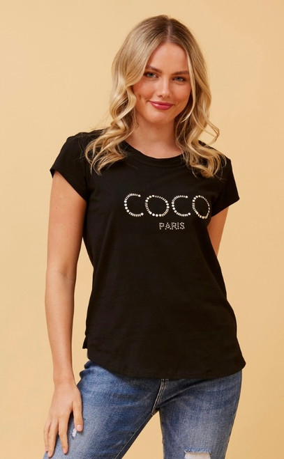 Rock it in our dazzling, blingy, handbeaded Coco Studded Graphic Tee, which is the perfect everyday basic. This tee can be left out or tucked in can be easily paired with a skirt, shorts or jeans.

This tee features:

Crew neckline
Cap sleeves
COCO PARIS graphic print with gold embellishments
Curved hi-lo hem
Side splits
Regular fit
Colour: Black with Gold Embellishments

Fabric: 95% Cotton; 5% Elastane

Size: True to size. Model is wearing a size 8 and is 171cm tall.