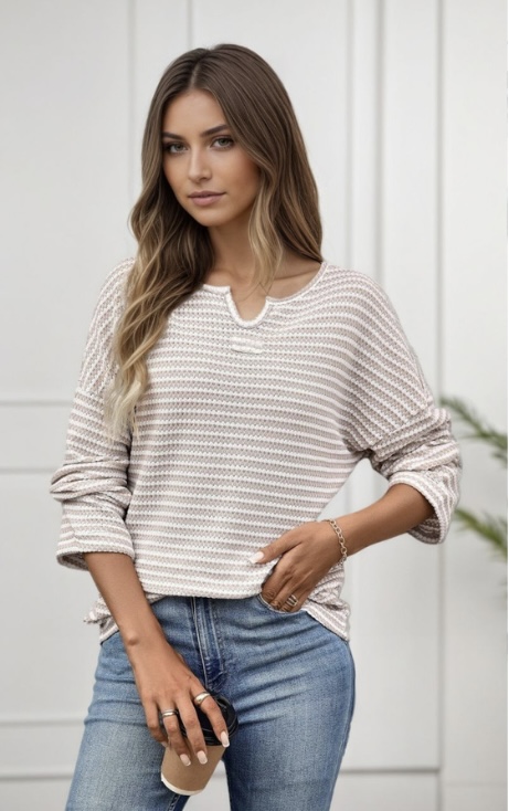 トップス C.E STRIPE LOOSE WAFFLE KNIT Nicole Waffle Knit Top - White and Beige Stripe