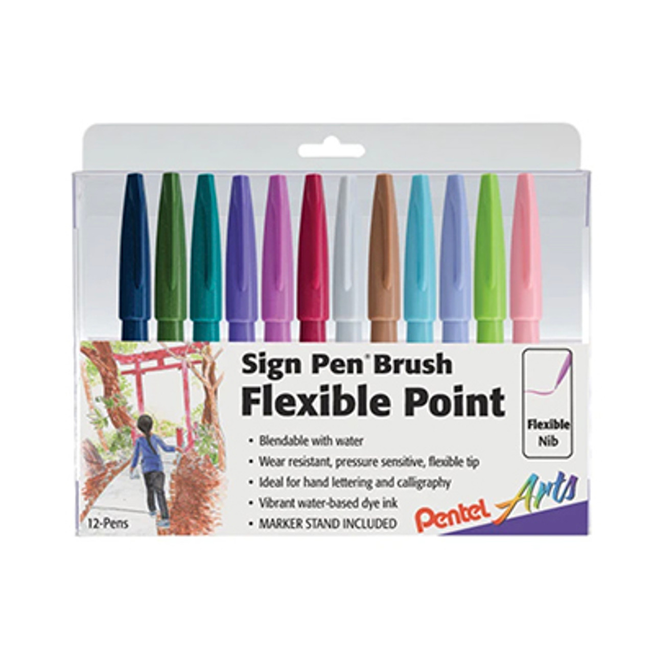 Pentel Arts Sign Pens with Brush Tip 12/Pkg Assorted Colors