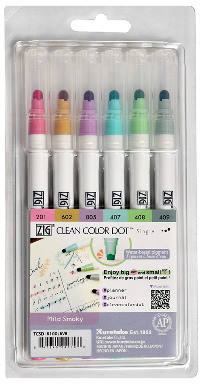 Zig Clean Color DOT Single-Ended Marker Set of 6, Mild Smoky Colors