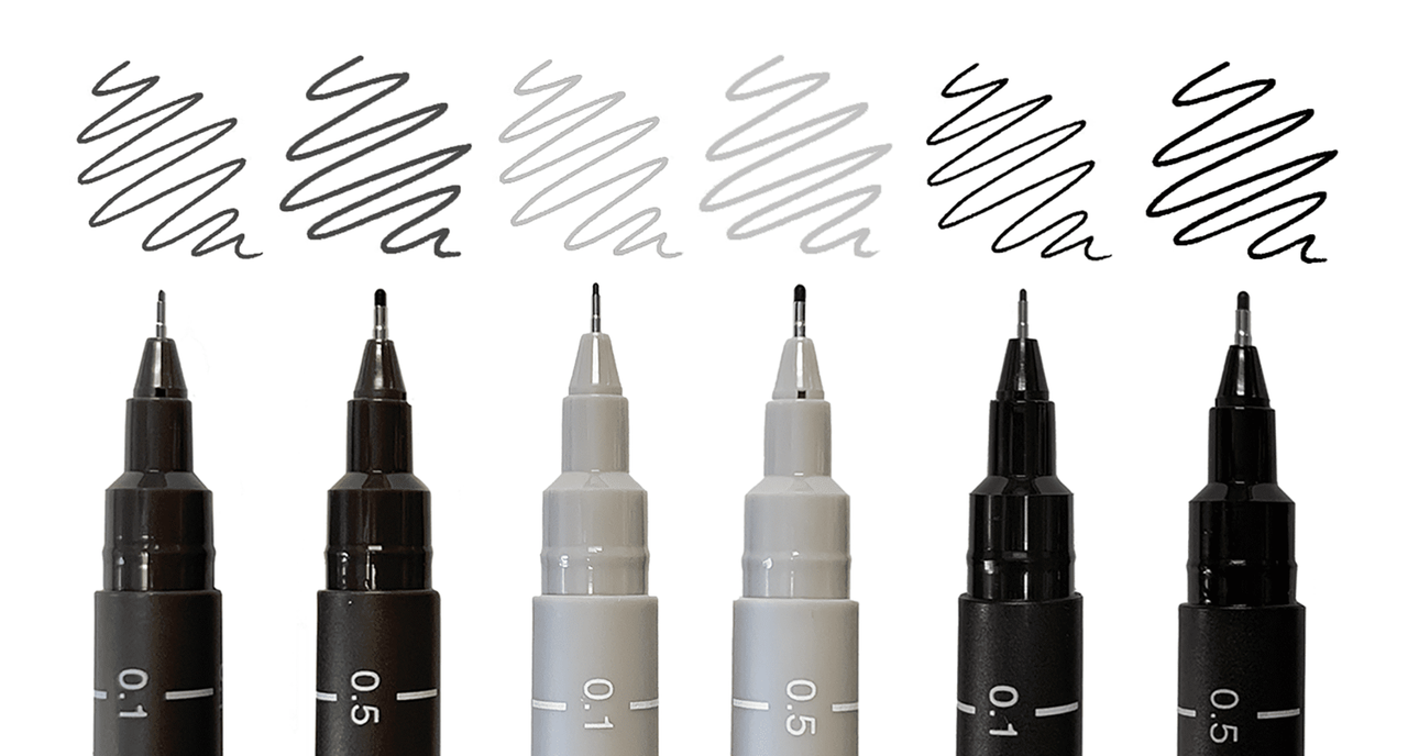 Uni Pin Fineliners, Black & Gray Set of 6