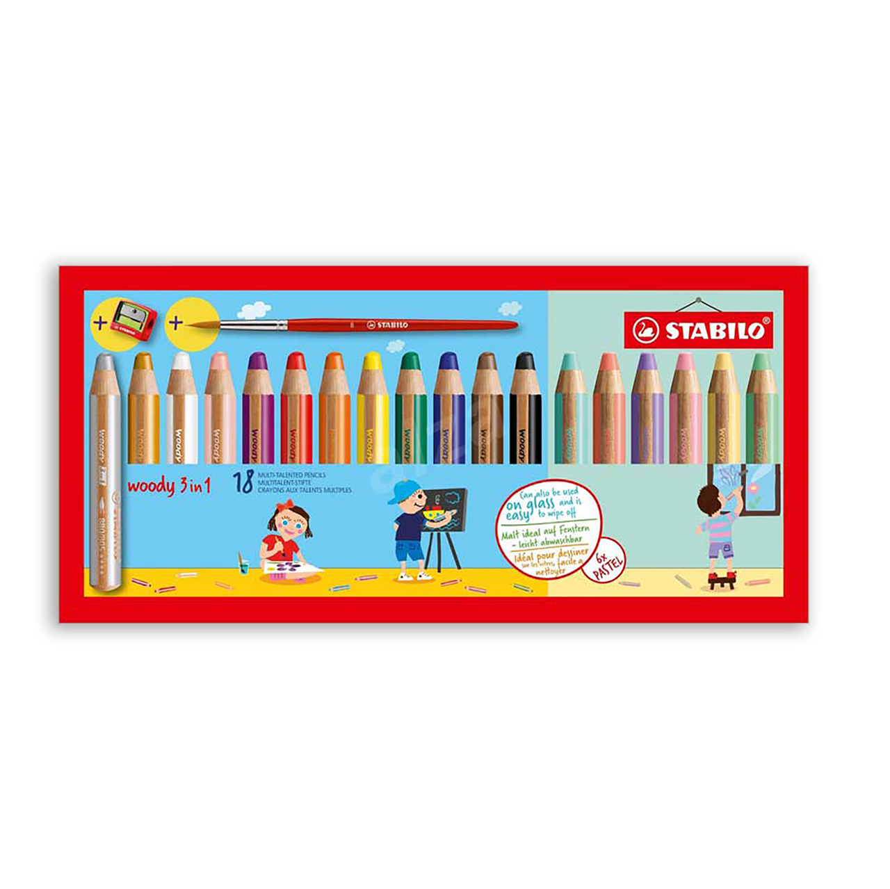 STABILO Woody 3-in-1 Pencil, Set of 18 with Sharpener
