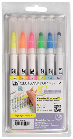 Zig Clean Color DOT Single-Ended Marker Set of 6, Highlight Colors
