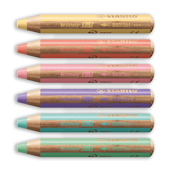 STABILO Woody 3-in-1 Pencil, Set of 6 Pastel Colors with Sharpener