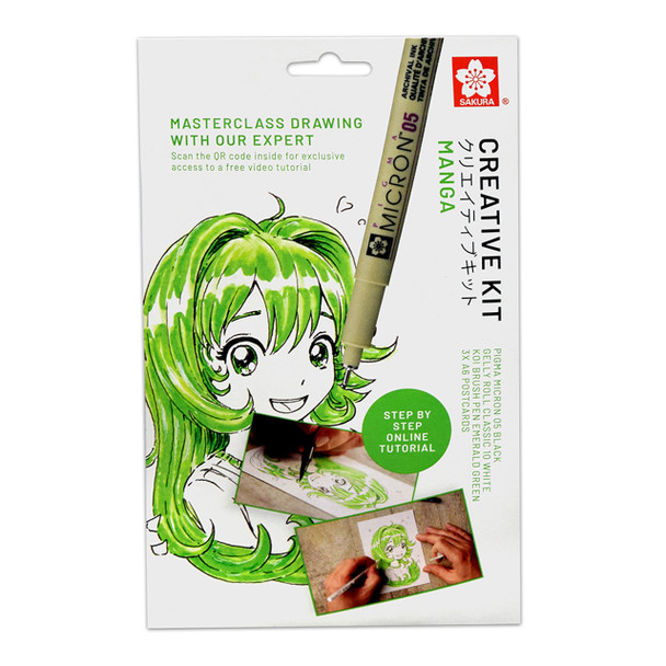 Sakura Creative Kit- Green- Manga Girl- pens, markers, and postcard paper along with video instruction tutorial for learning to draw