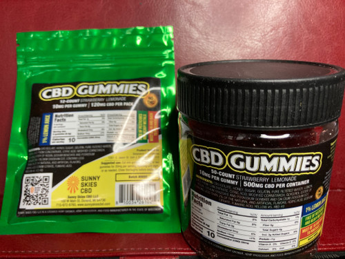 -10mg CBD per gummy – 150mg CBD per bag (15 gummies), 500mg CBD per jar (50 gummies).

– Strawberry Lemonade flavor.

– Lab Tested: 0.00% THC.

– This product may melt in direct heat. Store in a cool, dark place.

– Free of contaminants (lab tested for pesticides, heavy metals, microbes, and residual solvents).

– Isolate is infused into clover honey to make these gummies.

– Sunny Skies CBD is a USDA Licensed Food Manufacturer in the State of Wisconsin and makes all CBD products, including edibles, in its GMP-compliant lab in Durand, WI.

– Ingredients: CBD Isolate, Filtered Honey, Sugar, Gelatin, Pure Filtered Water, Lemon Juice from Concentrate, Citric Acid, Modified Cornstarch, Glycerol Ester of Rosin, Sodium Benzoate and Potassium Sorbate and Calcium Disodium EDT, Contains Less Than 2% Of The Natural And Artificial Flavors, Sodium Citrate, Fumaric Acid, Yellow #5, Red 40.

– Non-GMO, gluten-free, with no animal testing.