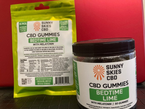 CBD Gummies are a tasty and easy way for dosing! Sunny Skies Bedtime Lime CBD Isolate Gummies are non-GMO and free of contaminants (lab tested for pesticides and heavy metals). Each bag contains 15 Gummies while each jar contains 50 Gummies, each of which contains 25mg of CBD and 3mg of Melatonin (375mg CBD per bag (45mg Melatonin), 1,250mg CBD (150mg Melatonin) per jar). Contains 0.00% THC.

Sunny Skies CBD is a USDA Licensed Food Manufacturer in the State of Wisconsin and makes all CBD products, including edibles, in its GMP-compliant lab in Durand, WI