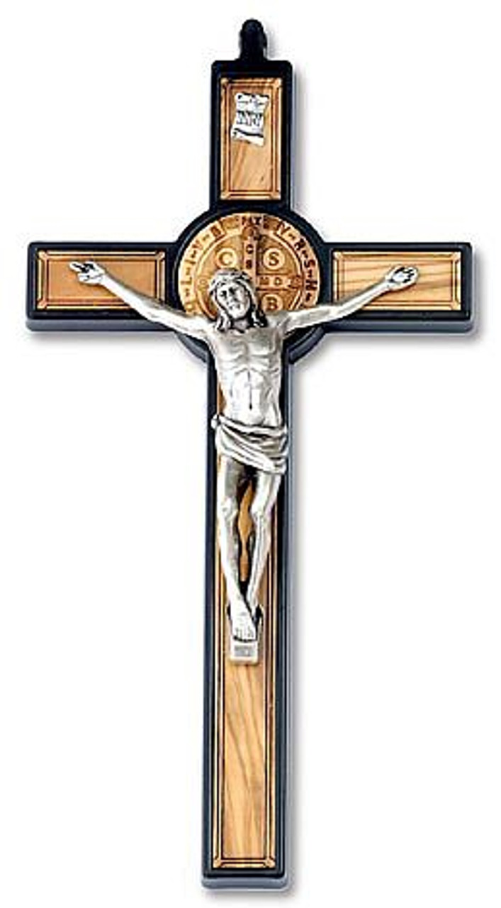 Saint Benedict Medal Crucifix | Wood Cross | Silver Finish Corpus | 7-14