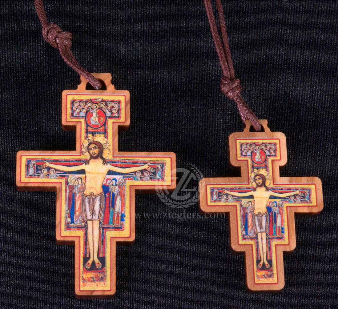 San Damiano Crucifix Pendant Necklace, Wood, 2 Sizes, Cord Italy