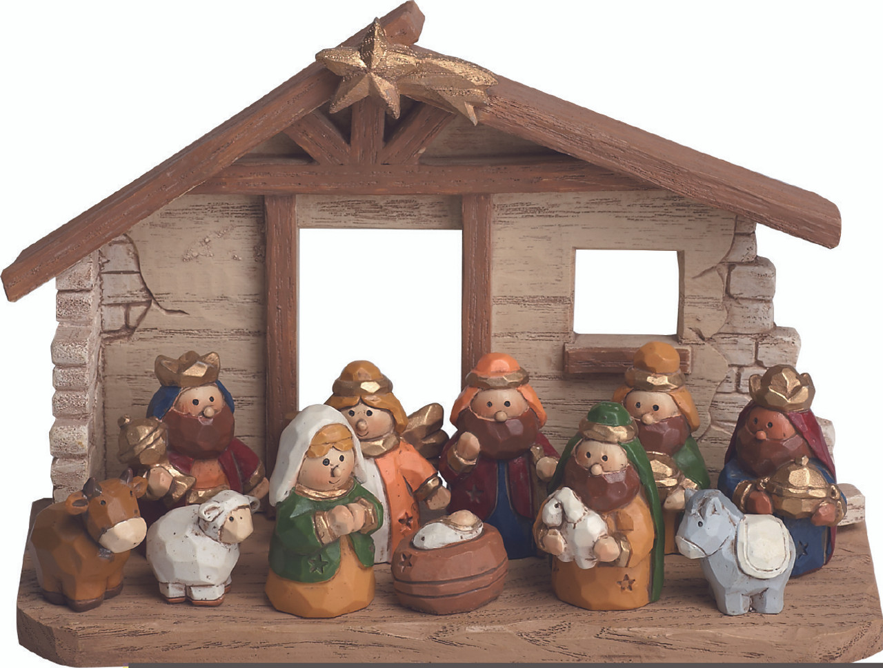 11 Piece Children S Nativity Set Carved Wood Look Round Pieces Stable 4 Trix9494