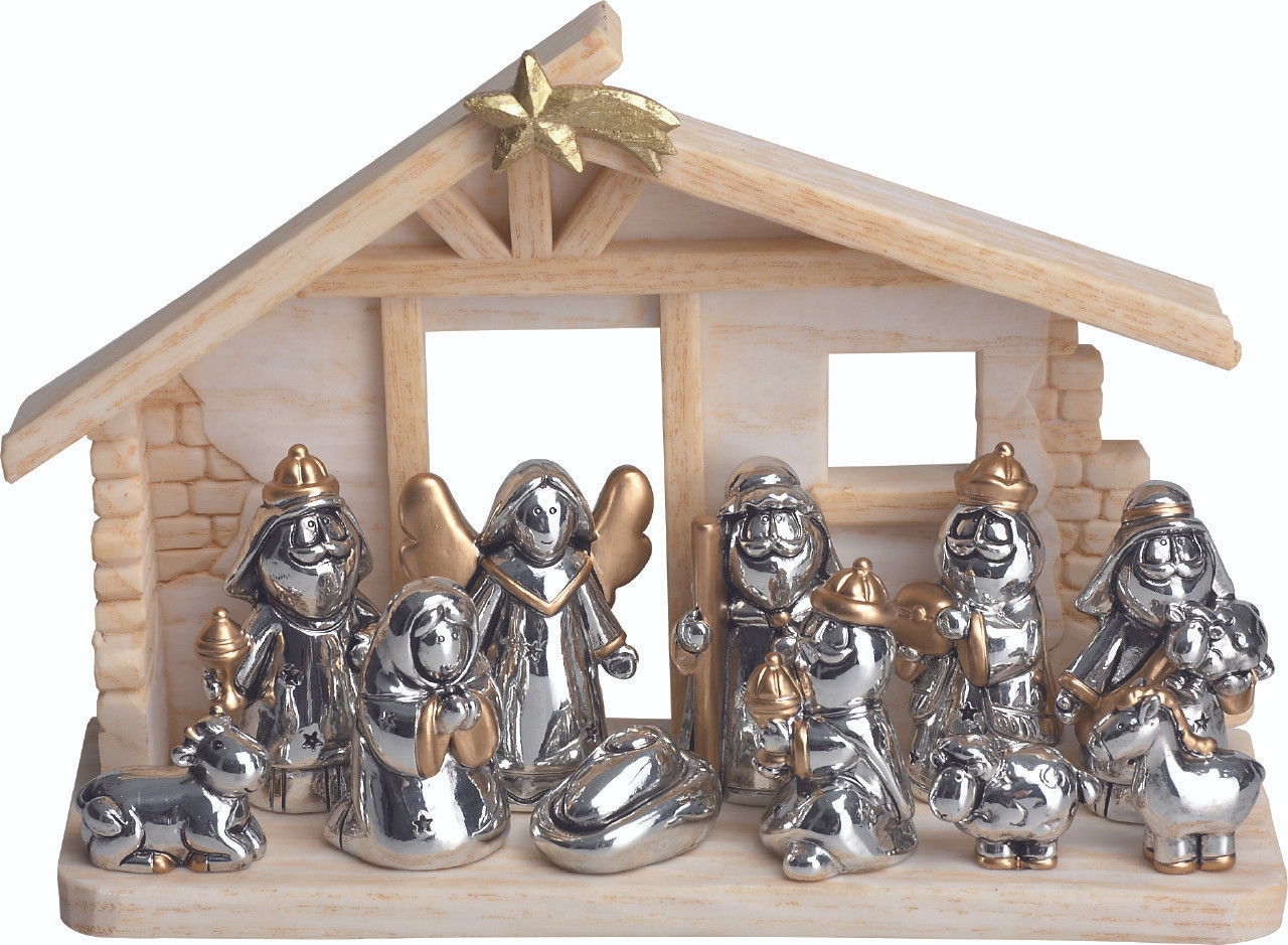 Sold Out 11 Piece Modern Nativity Set Silver Gold Stable