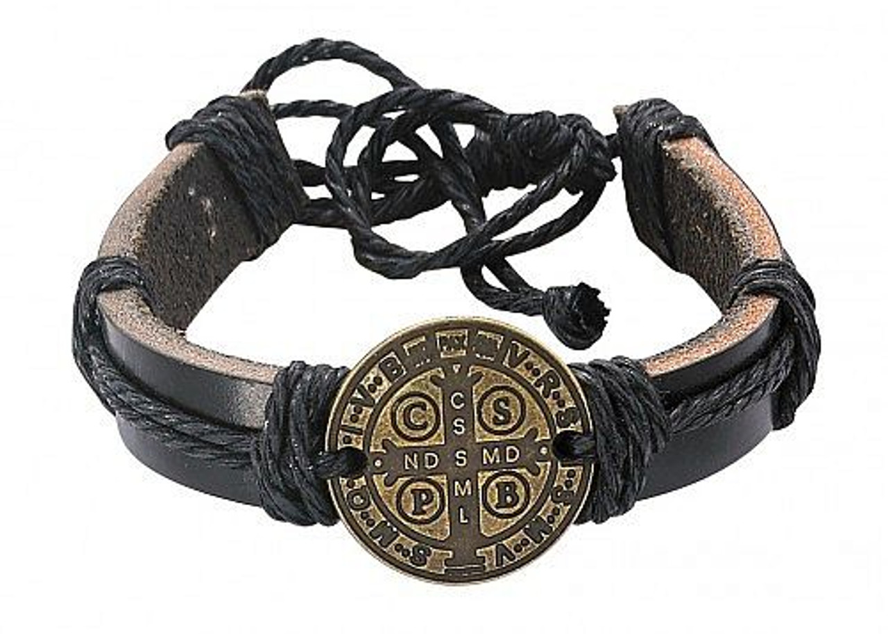 Olive Wood Cross Beads and Saint Benedict Medal Bracelet on Black Cord |  eBay