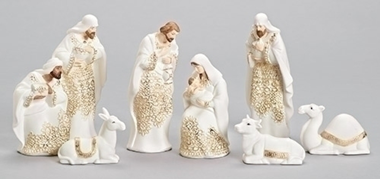 8 Piece Contemporary Nativity Set Porcelain Gold Accents 7