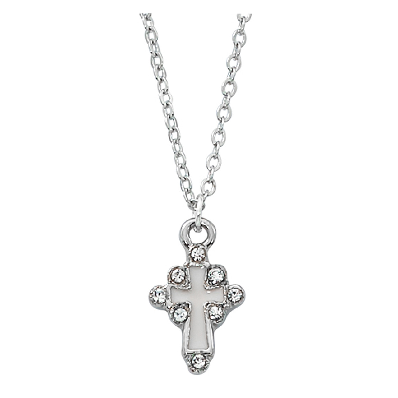 Cross Necklace | Silver with White Enamel | Crystal Accents - F.C ...