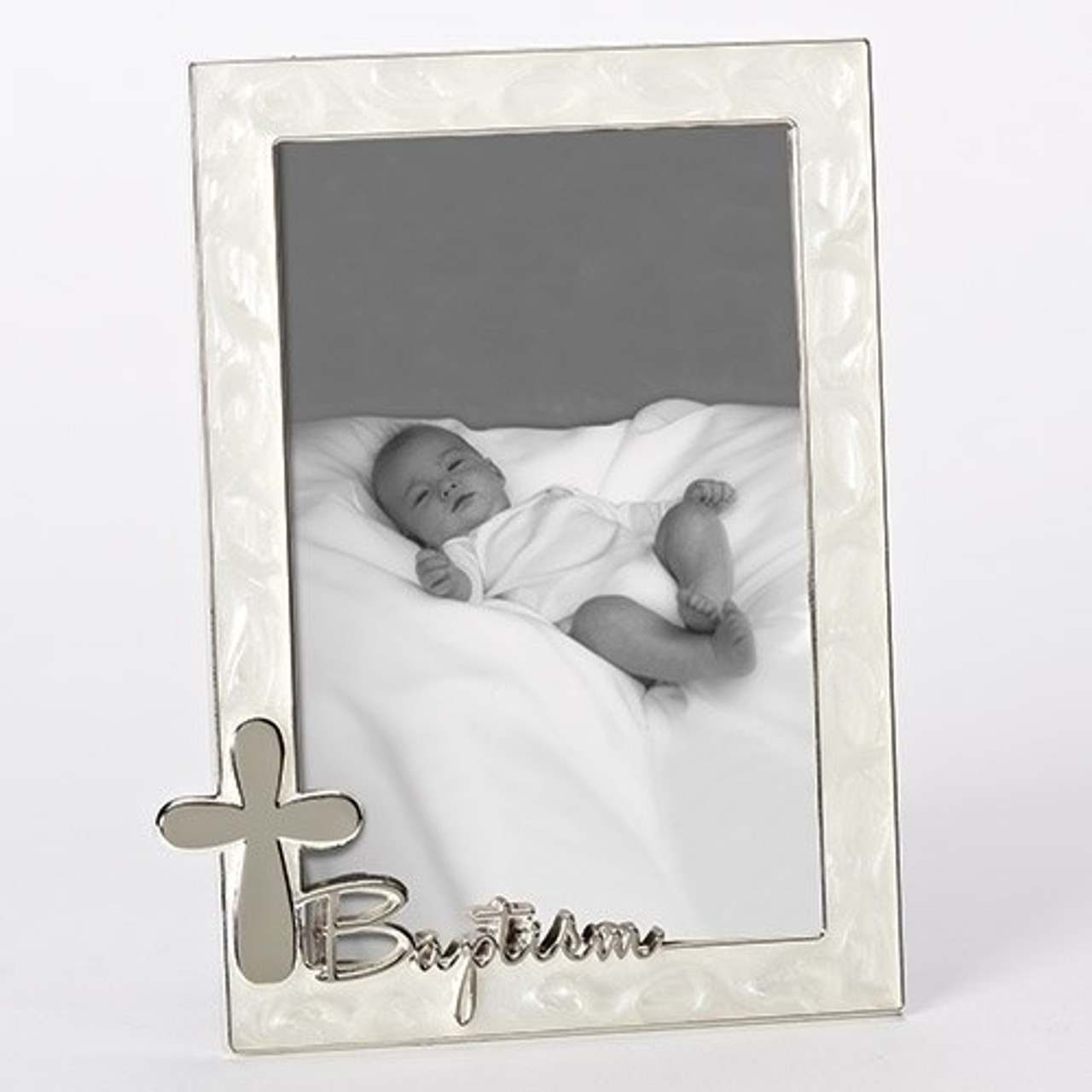 Baptism Frame | Silver Cross Accent | Faux Pearl Border | 7
