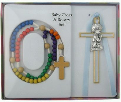 Crib Set MultiColored Wood Rosary Beads Metal & Epoxy Cross Boy