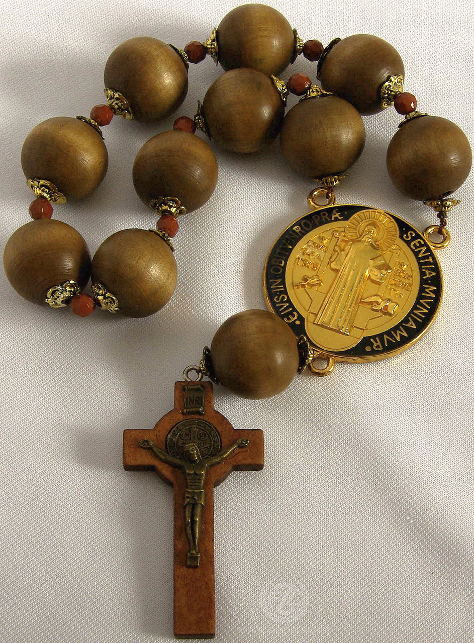 Saint Benedict Rosary Beads, One Decade, Large Wood Beads