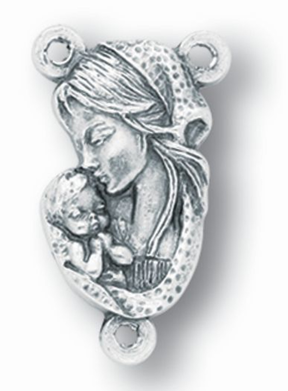 Blessed Mother Rosary Centerpiece | Silver Oxidized Metal