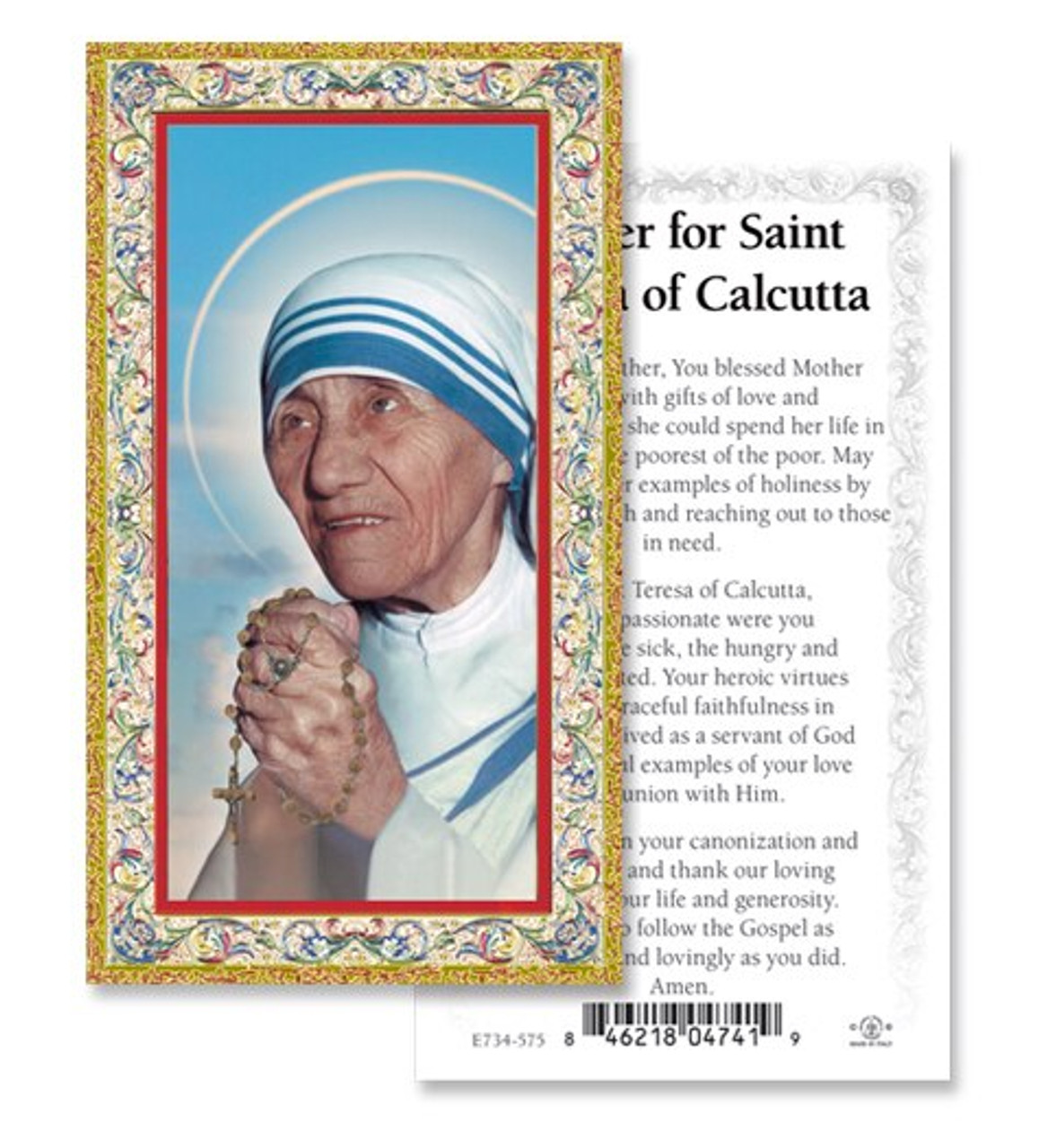 Saint Teresa of Calcutta Holy Card, 100 Per Package, 2 x 4, Italy