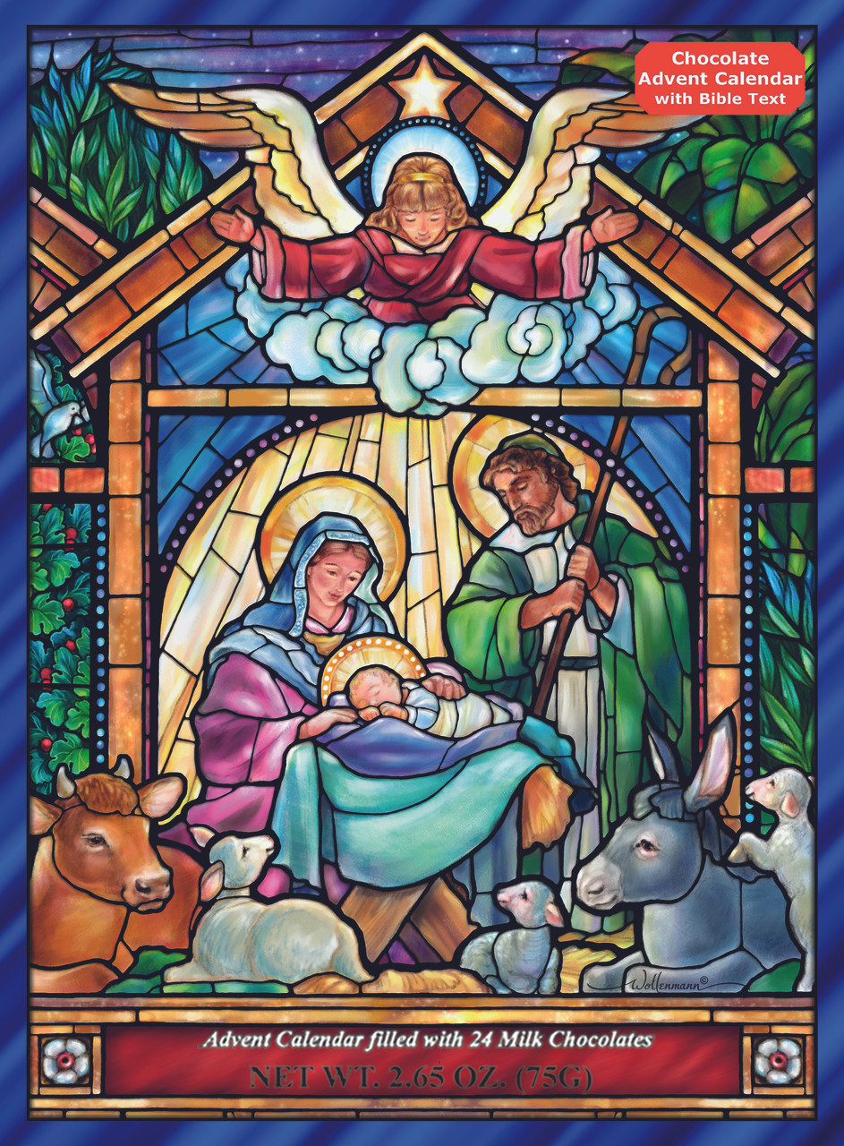 Chocolate Advent Calendar Stained Glass Nativity Bible Text F.C