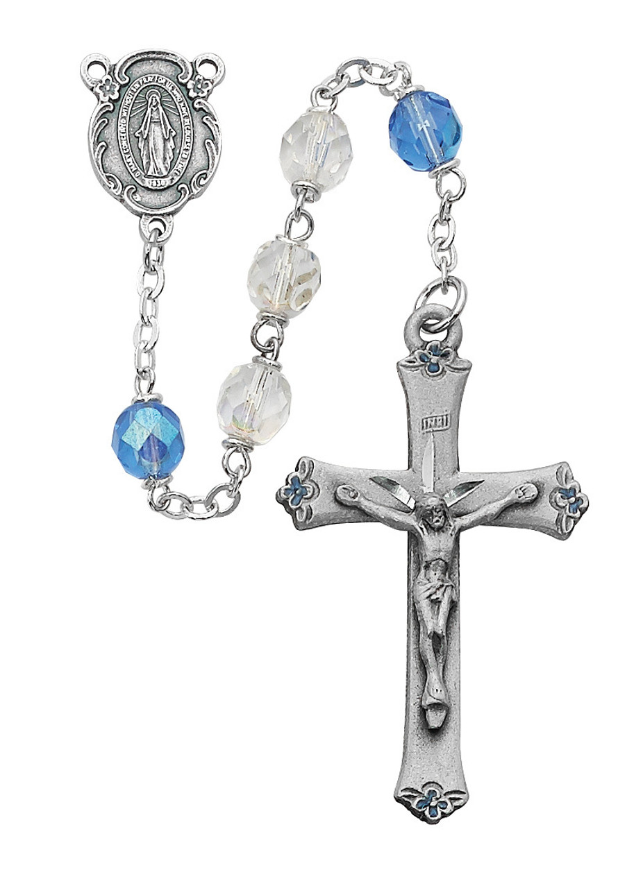 Rosary Beads | Flared Crucifix | Our Lady of Grace Centerpiece | 7MM Blue &  Clear Beads | 589DBLF