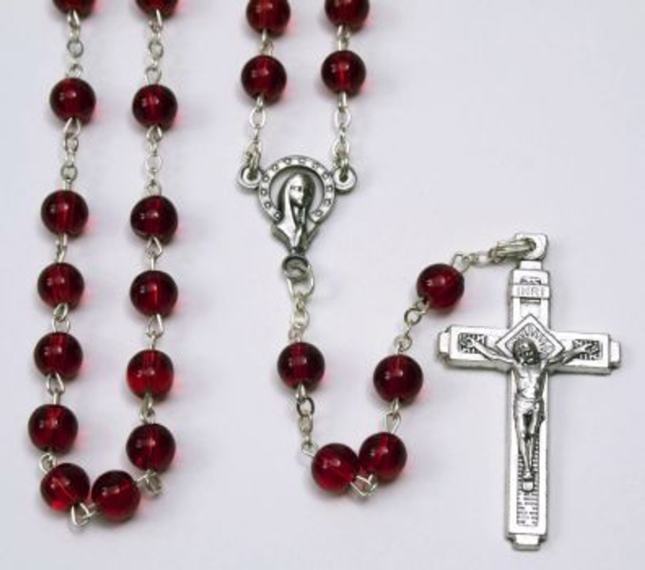 Rosary with Ruby Red Crystal Beads, Metal Chain with 2 Crucifix, Gift for  Catholic