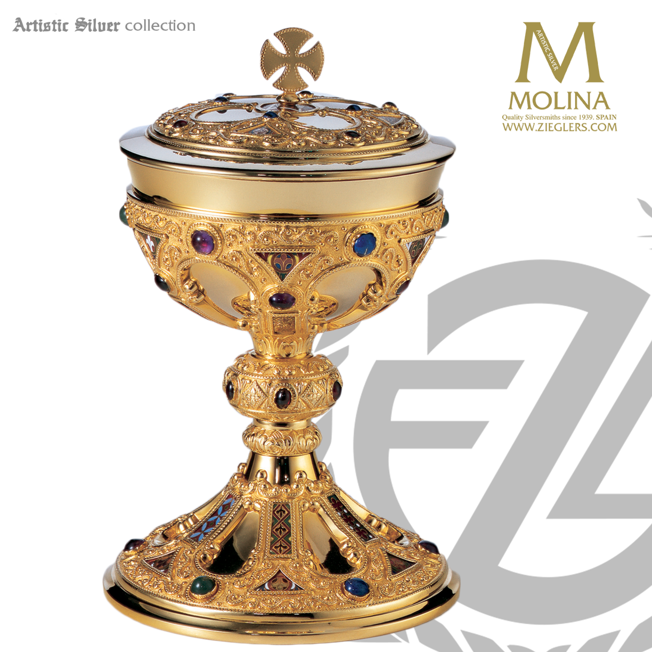 Chalice ciborium knot onyx gilded brass enamel medallions Molina