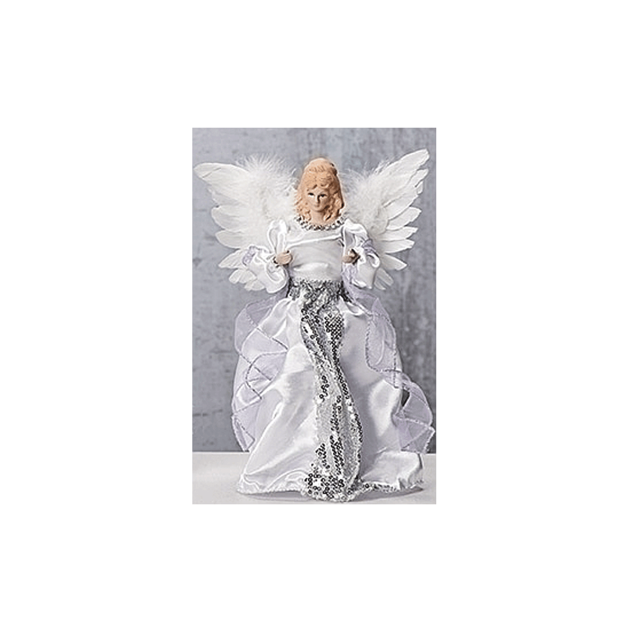 Angel Tree Topper White Gown With Purple Ribbon Feather Wings