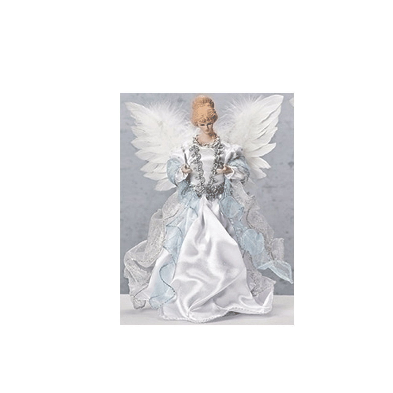 Angel Tree Topper White Dress With Blue Ribbon Feather Wings
