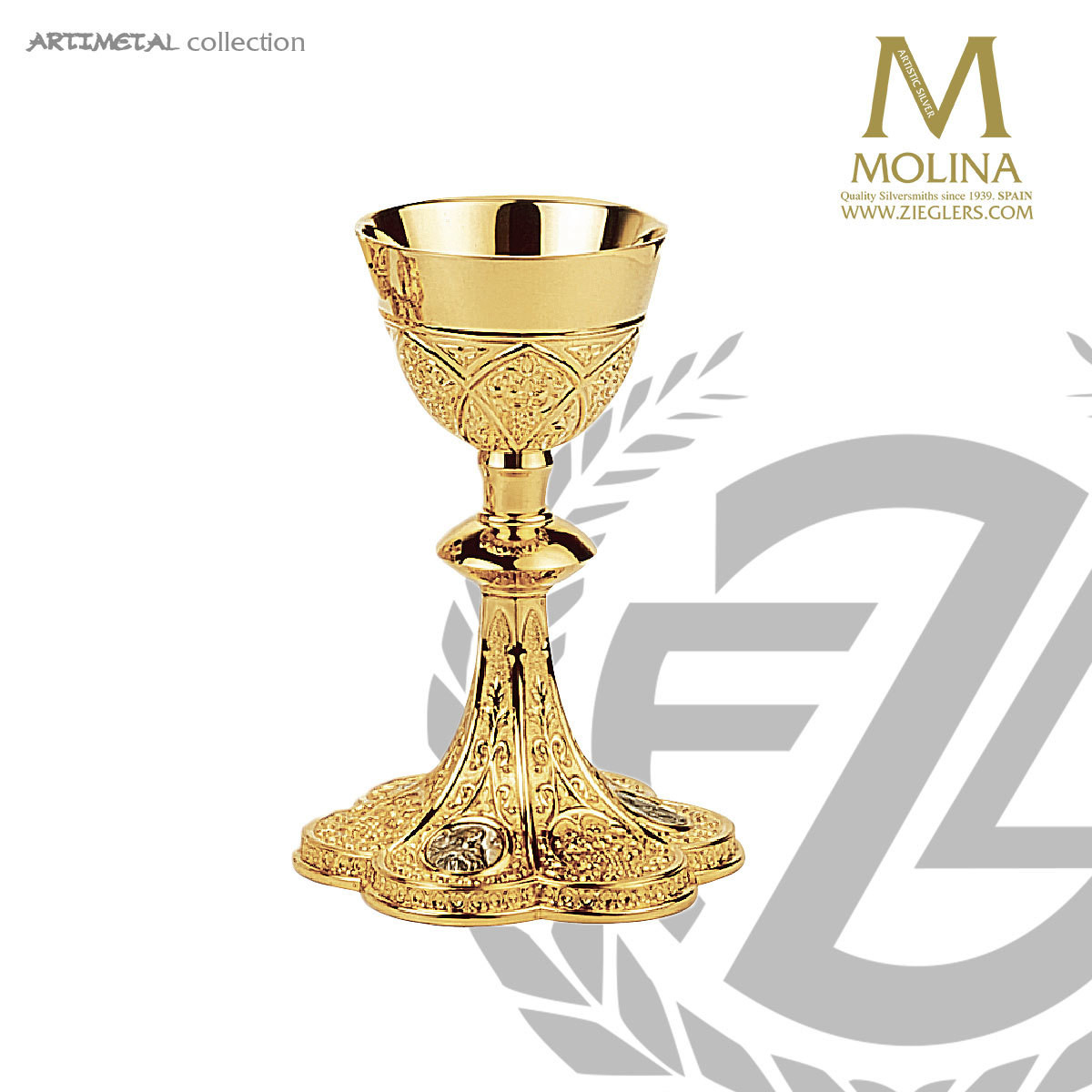 Gothic Chalice & Paten 8" x 41/4" 3 Medallions 12 Oz 5060