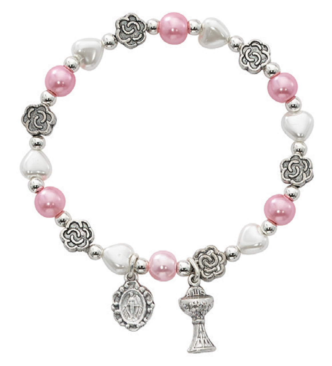 First Communion Bracelet, Pink White & Metal Beads